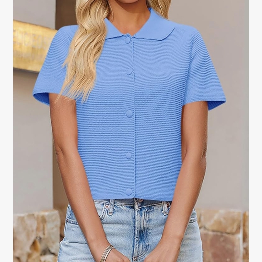 Saodimallsu Womens Short Sleeve Cropped Button Down Lightweight Cardigan - NWT